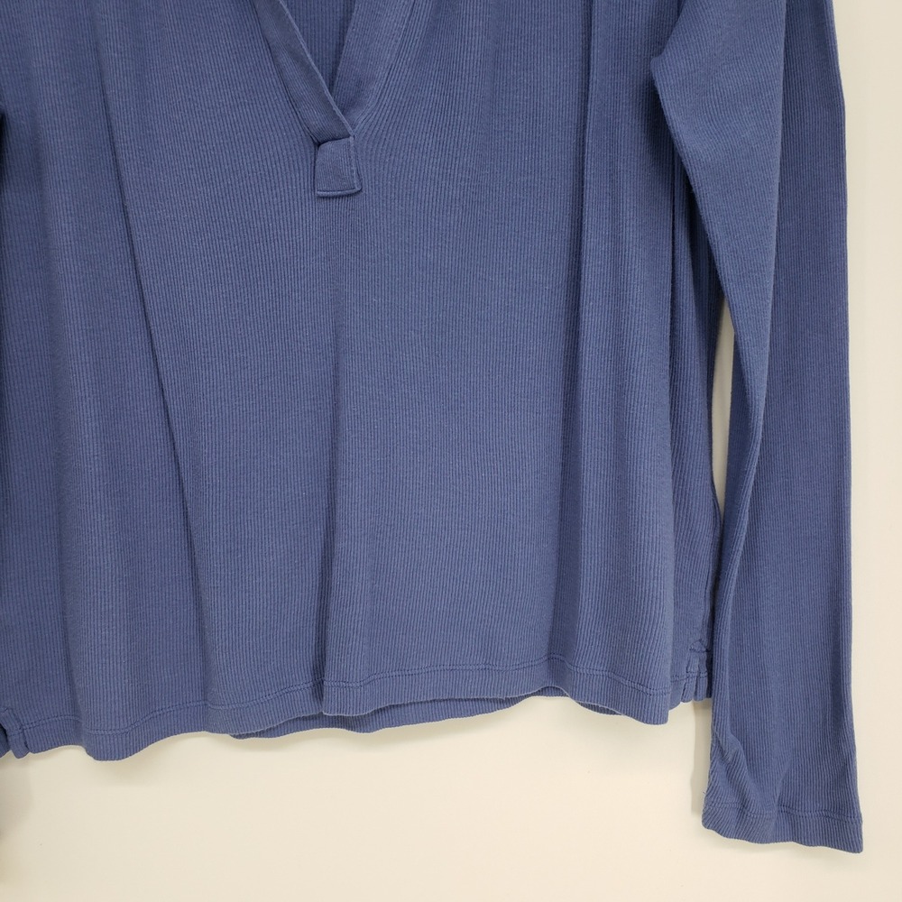 J Crew Ribbed V-Neck Pullover Top Women XL Blue Long Sleeve Cotton Polo Collar - Picture 5 of 8